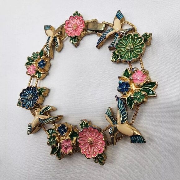 Vintage Enameled Hummingbird & Flowers Goldtone Slide Bracelet - Picture 5 of 6